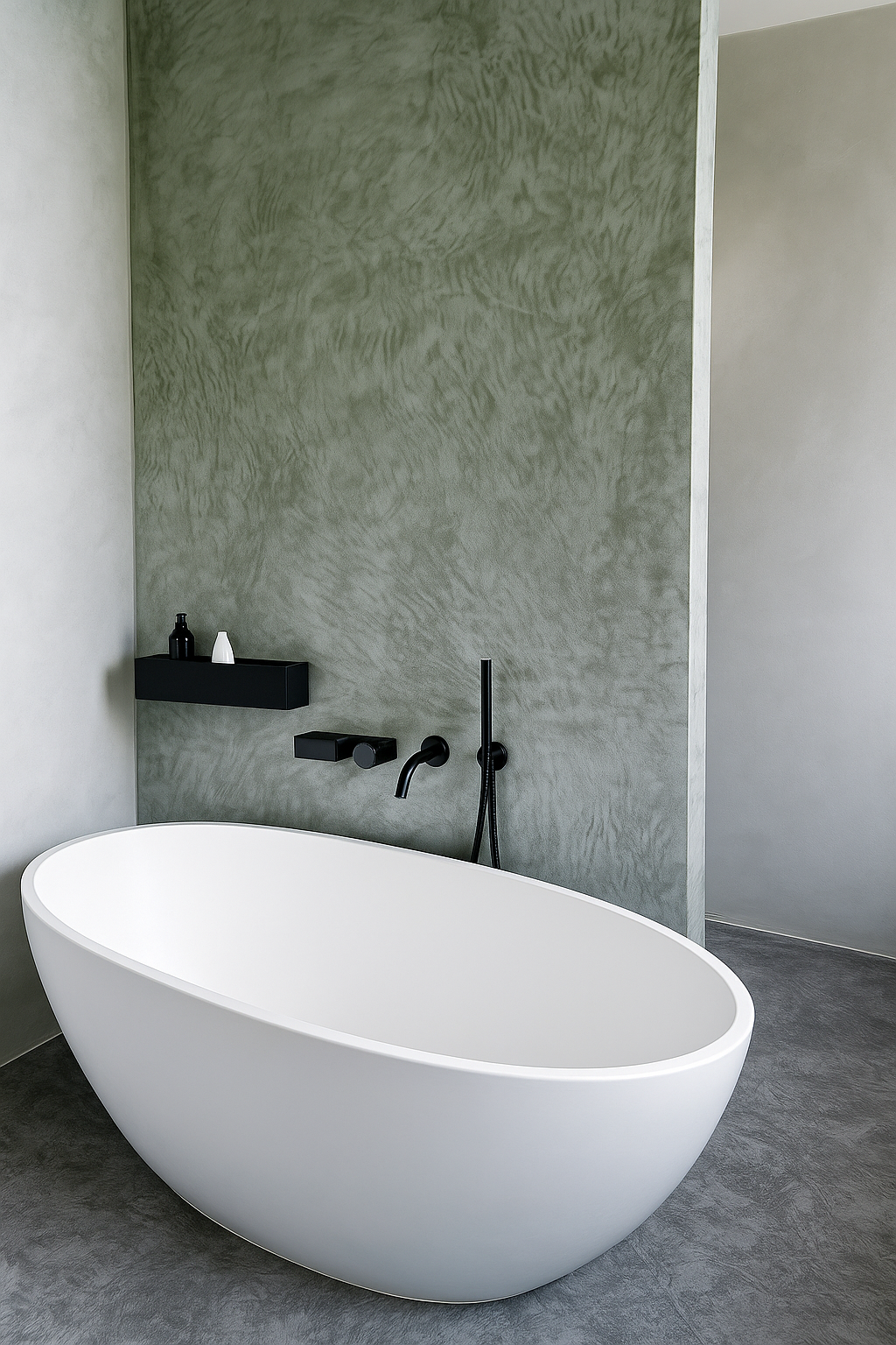 Badeværelse med microcement vægge og gulv i metal finish.