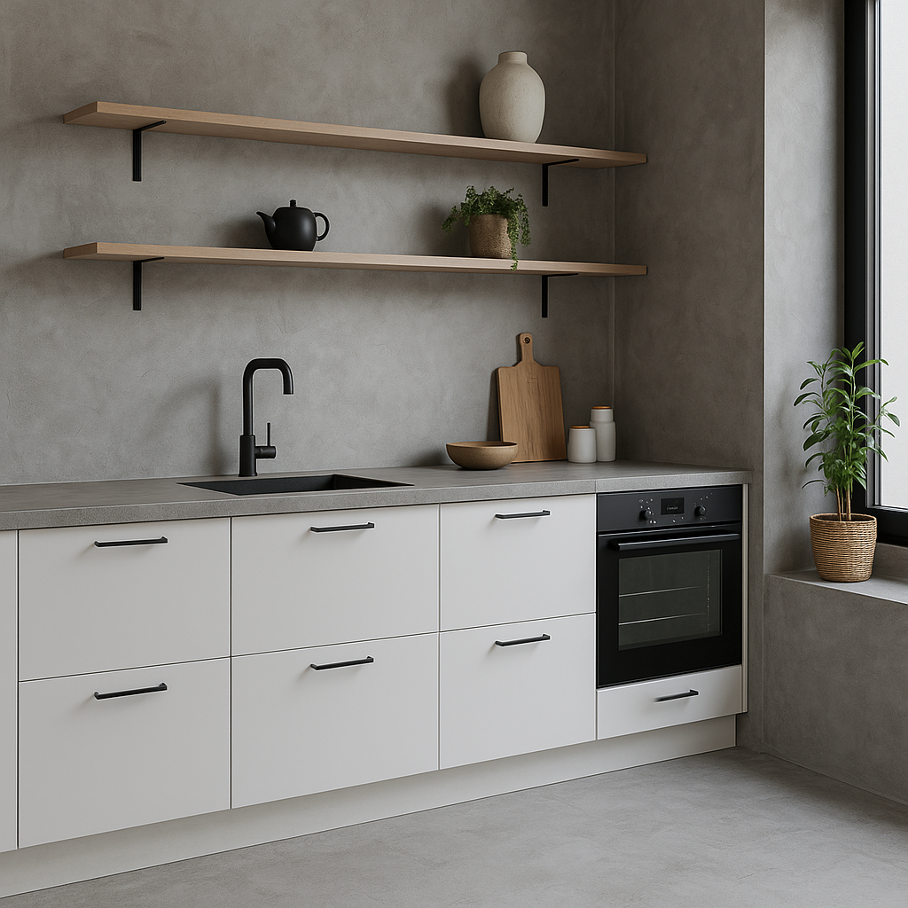 Moderne køkken med bordplade og gulv i grå microcement