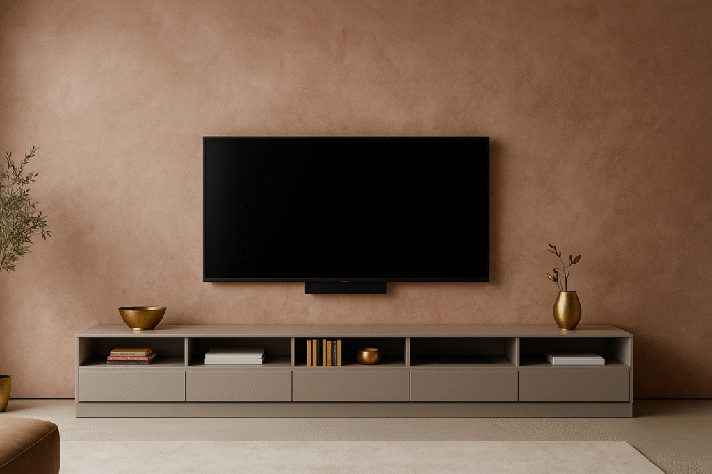 Stue i København med microcement væg i varm terracotta struktur, moderne TV opsætning og minimalistisk grå skænk med gyldne dekorationer – inspiration fra Sjælland.